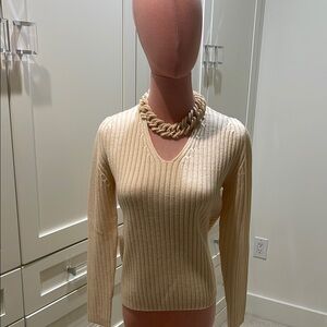 Ann Taylor Cream V-Neck Ribbed Sweater